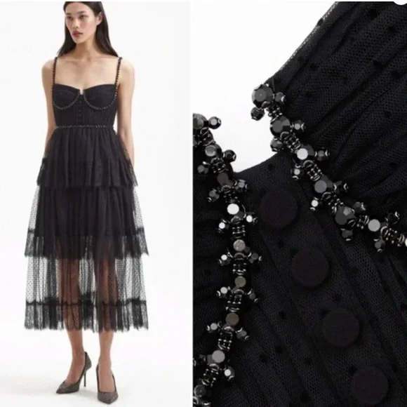 Self-Portrait Black Tiered Mesh Midi Dress with Spaghetti Straps - Picture 2 of 6